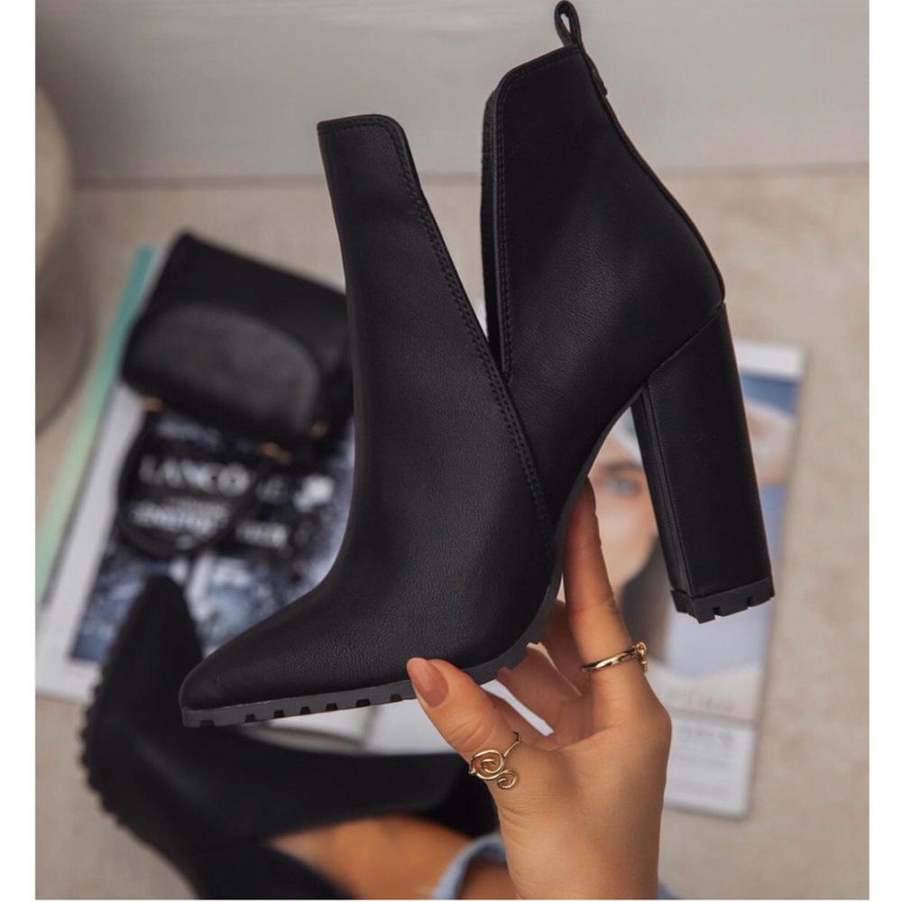 Black Ankle High Block Chunky Heel Booties - Picture 3 of 14